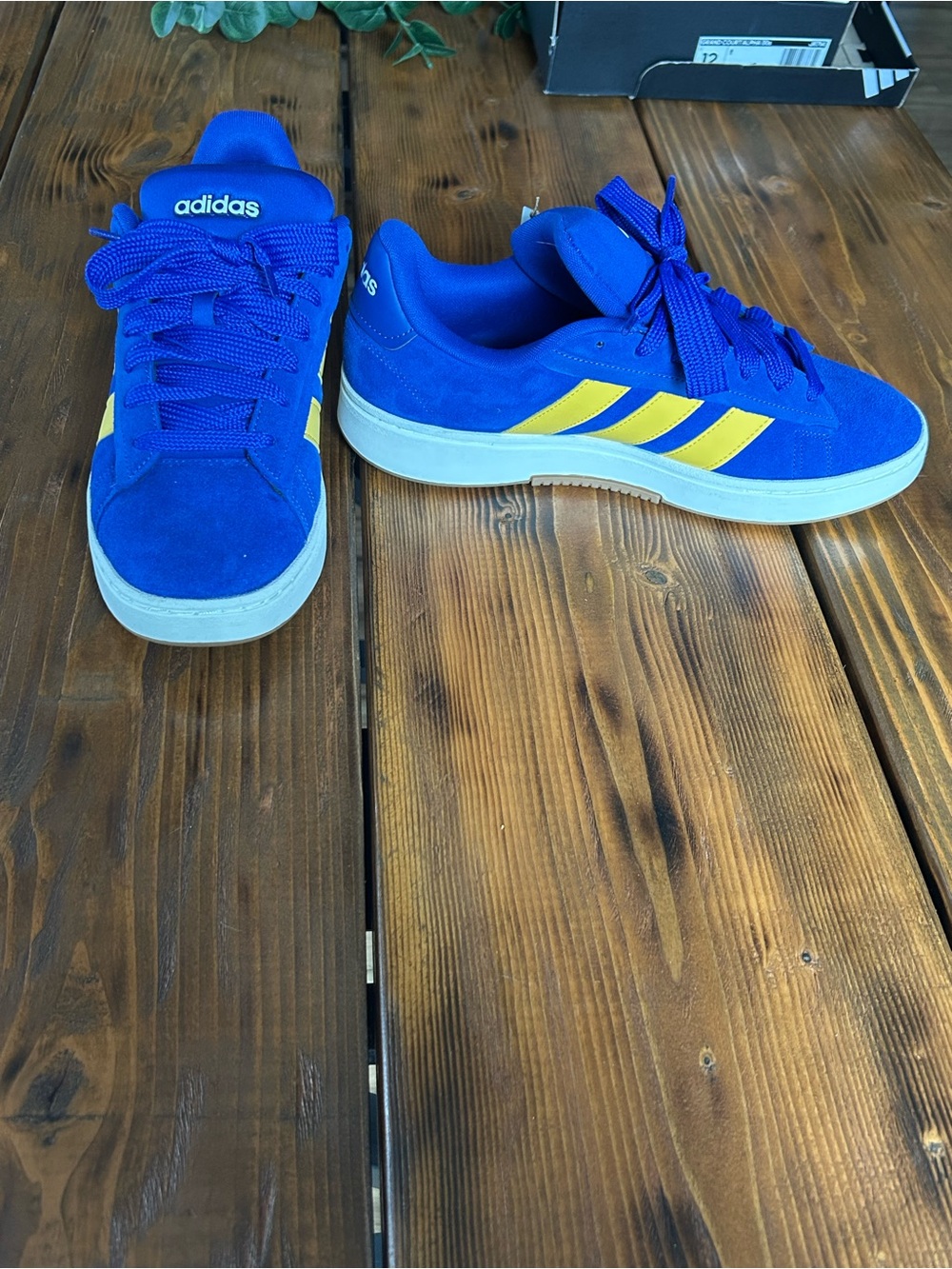 adidas men’s Blue Suede Sneakers with Yellow Stripes